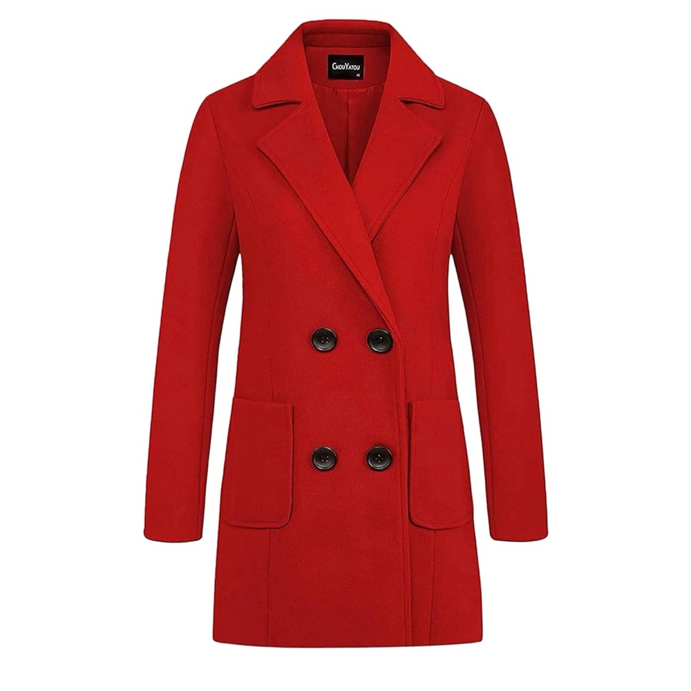 Elegant Notched Collar Double Breasted Wool Blend Red Pea Coat for Women